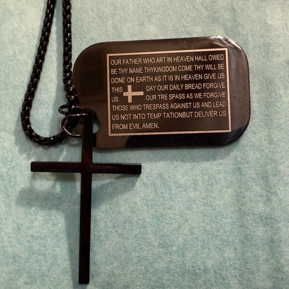 Dog Tags Style Stainless Steel Engraved Scripture Cross Pendant Necklace NWT
